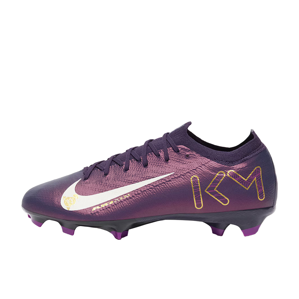 Purple soccer cleat with Nike logo and 'KM' branding on a white background