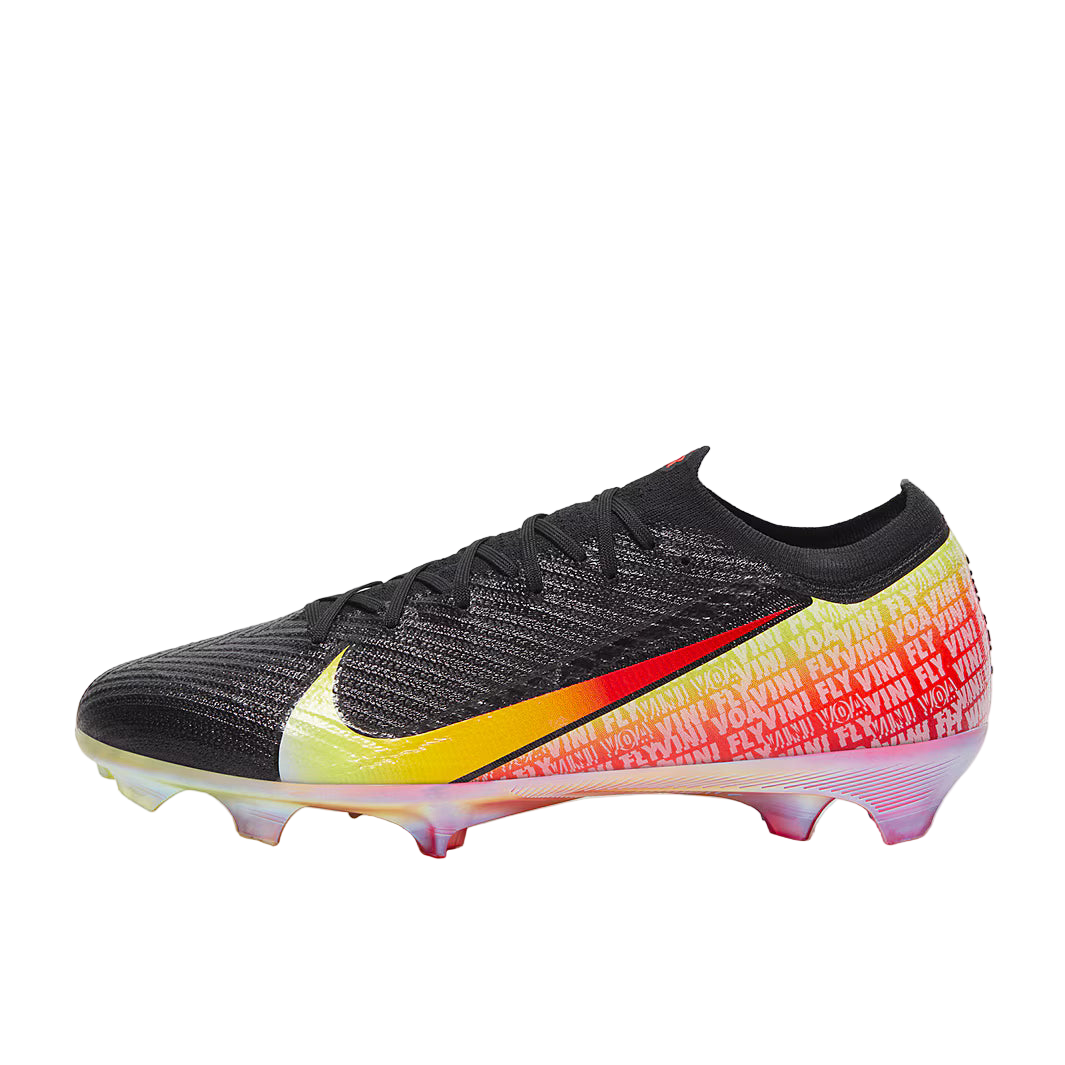 Black soccer cleat with colorful sole on a white background