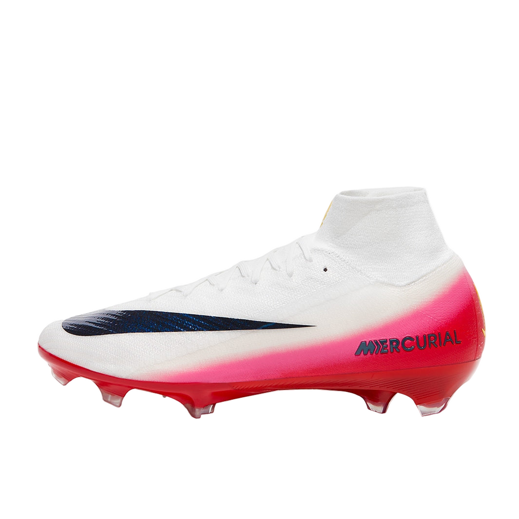 White and red soccer cleat with 'Mercurial' branding on a white background