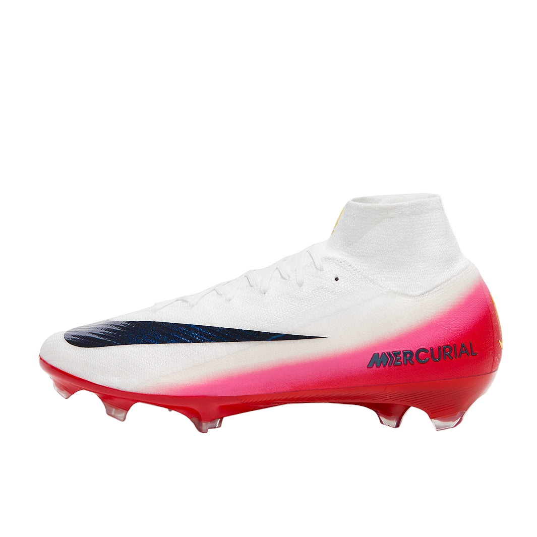 White and red soccer cleat with 'Mercurial' branding on a white background
