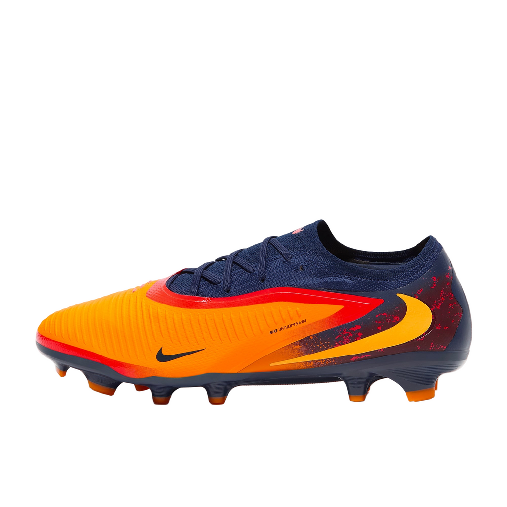 Orange and blue soccer cleat with Nike logo on a white background