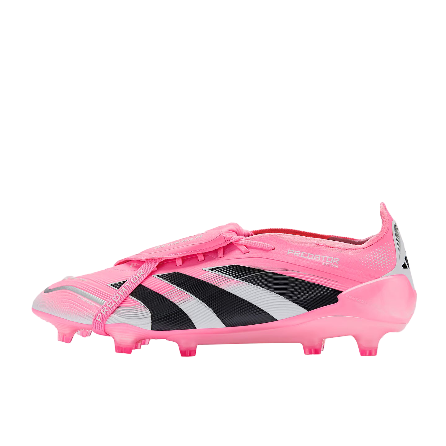 Pink soccer cleat with black and white stripes on a light gray background