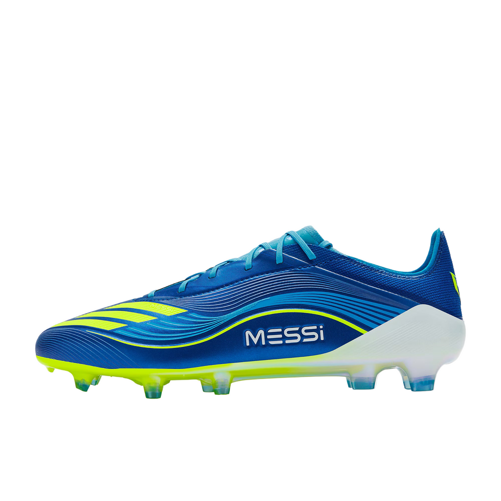 Blue and green soccer shoe with 'Messi' branding on a light gray background