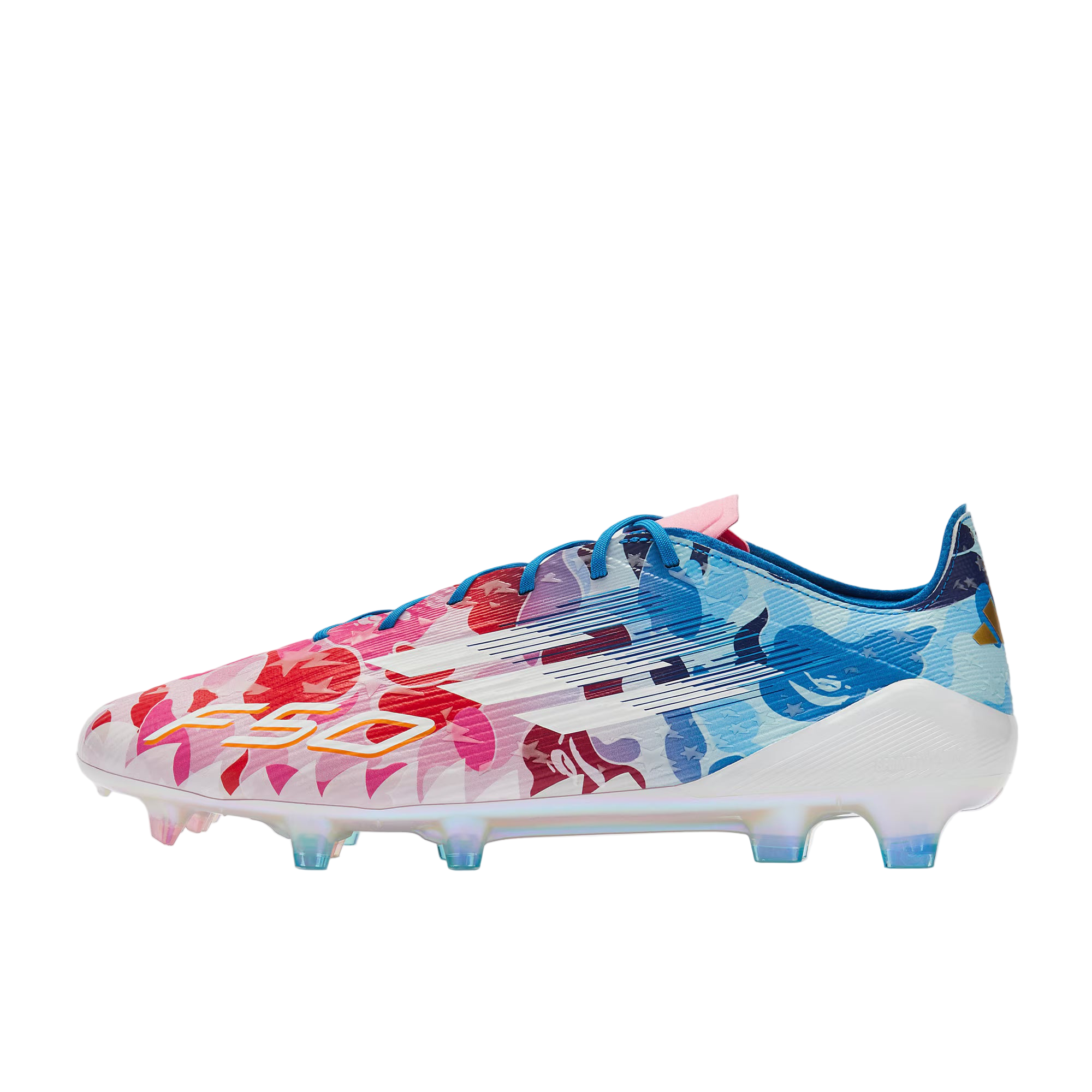 Colorful soccer cleat with floral pattern on a light gray background