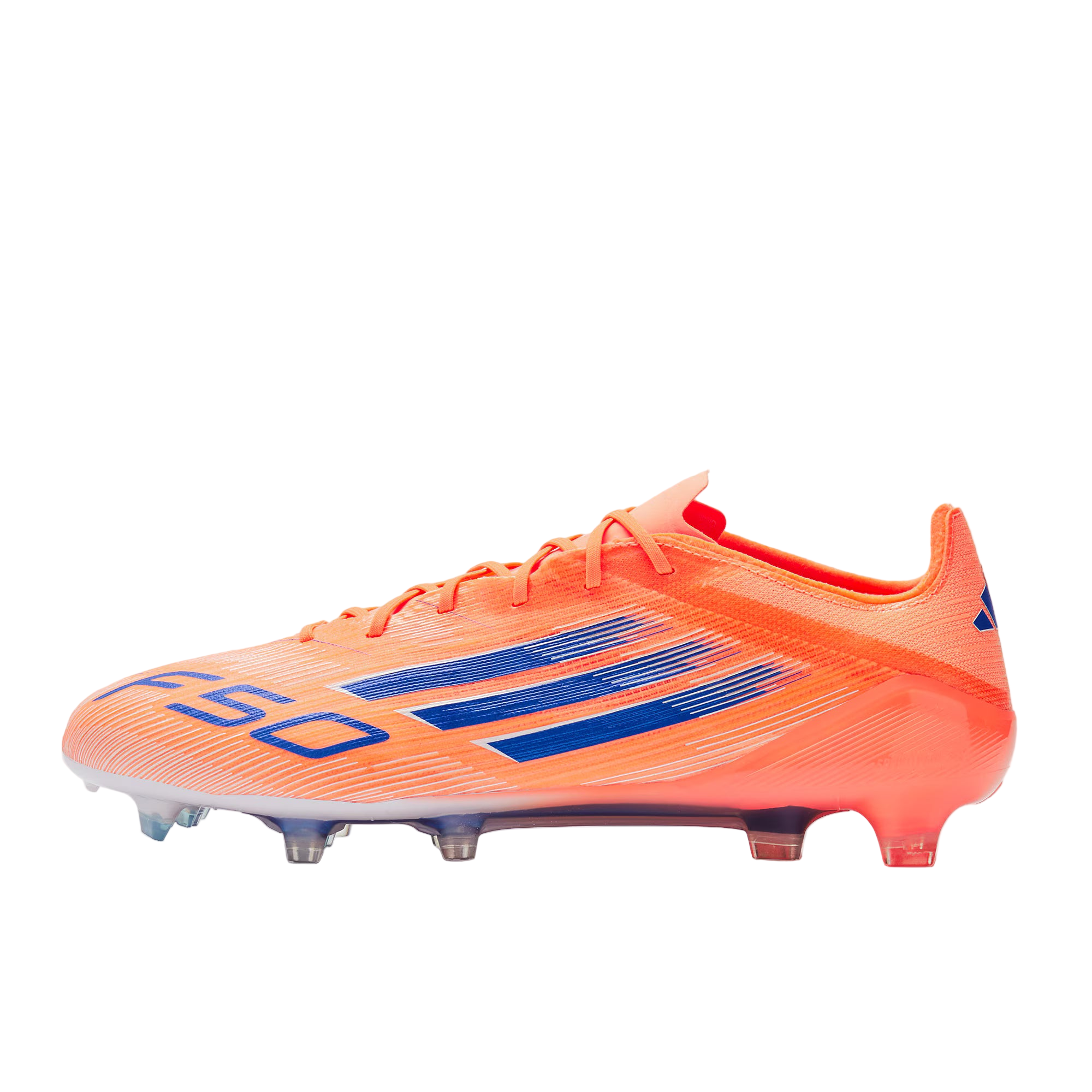 Orange soccer cleat with blue stripes on a light gray background